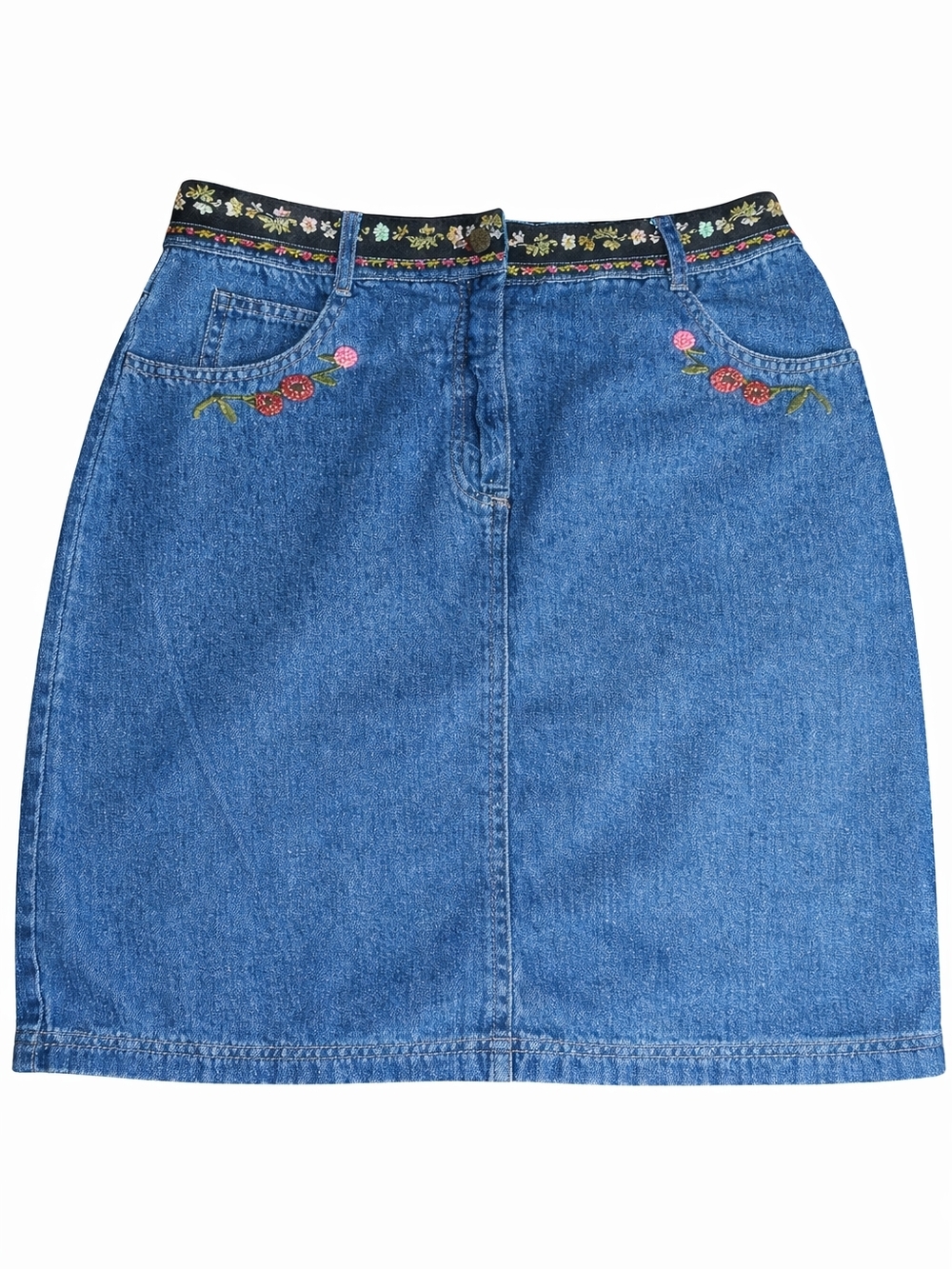 Vintage Saint Germain Paris Denim Skirt Floral Embroidered Waist A Line USA Y2K